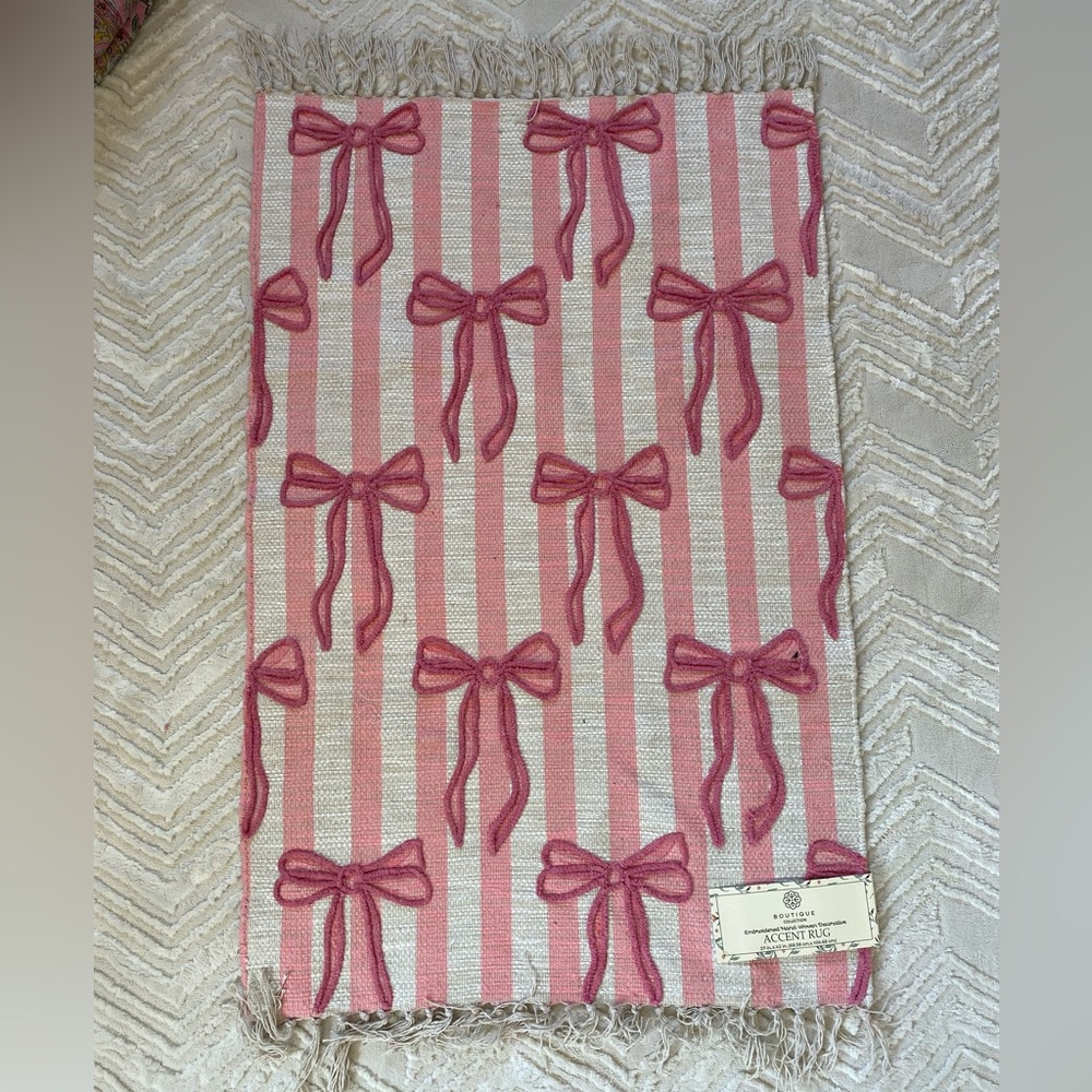 New Cottagecore Bow Embroidered Stripe Accent Rug 27”x42”- Pink